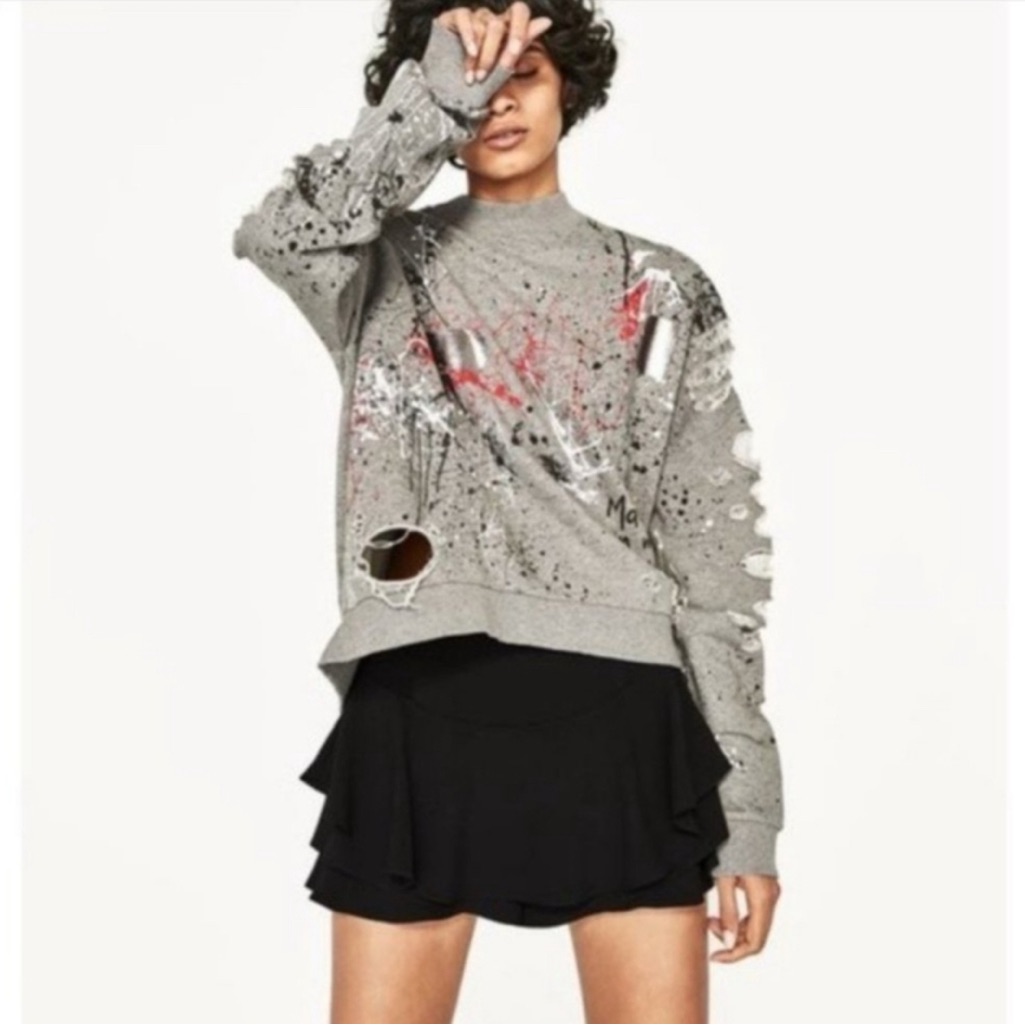 Nwot Zara Graffiti Destroyed Ripped Sweatshirt